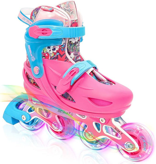 Pink Graffiti Light up Inline Skates for Girls, 4 Size Adjustable Roller Shoes with Full Illuminating Wheels for Kids, Blades Roller Skates for Beginner Teens Youth & Adult Women