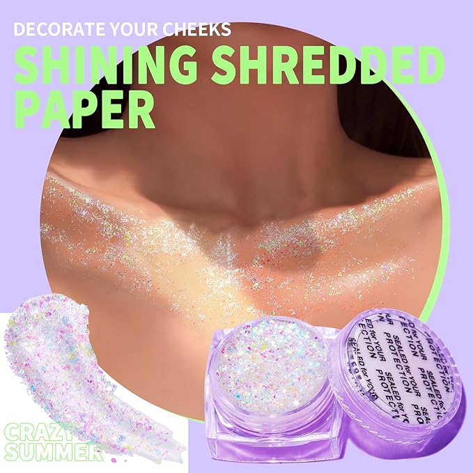 Teenitor Face Glitter Body Glitter, Clear White Body Glitter Gel, Hair Glitter Gel, 6 Shapes Rave Glitter, Mermaid Sequins Makeup Glitters Face Paint, Chunky Sparkling Glitter Gel for Women