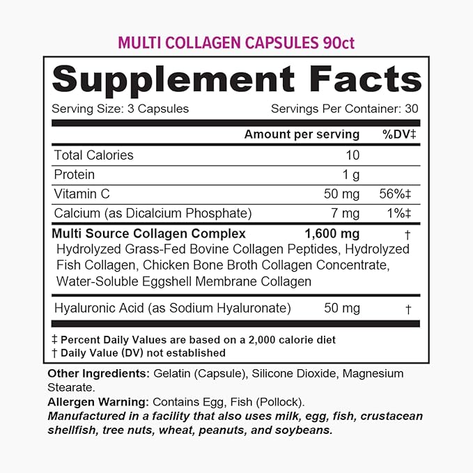 Multi Collagen Peptides Capsules for Women - Hydrolyzed Collagen for Women Pills with Types I II III V & X Plus Vitamin C & Hyaluronic Acid for Beautiful Hair Skin and Nails - 30 Servings