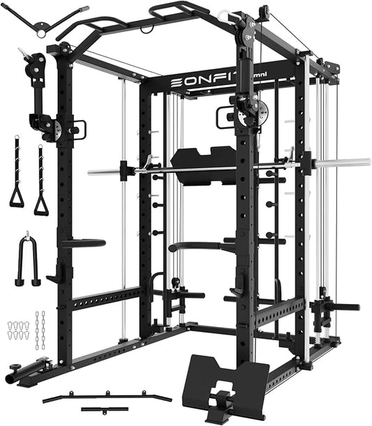 Eonfit E5 Smith Machine with Vertical Leg Press, Power Cage Squat Rack with LAT-Pull Down Cable Crossover Rotating Arms System Home Gym Equipment All in One (E5 RED)