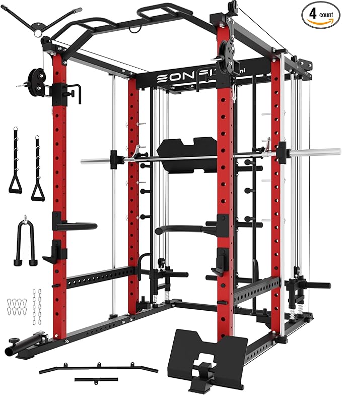 Eonfit E5 Smith Machine with Vertical Leg Press, Power Cage Squat Rack with LAT-Pull Down Cable Crossover Rotating Arms System Home Gym Equipment All in One (E5 RED)