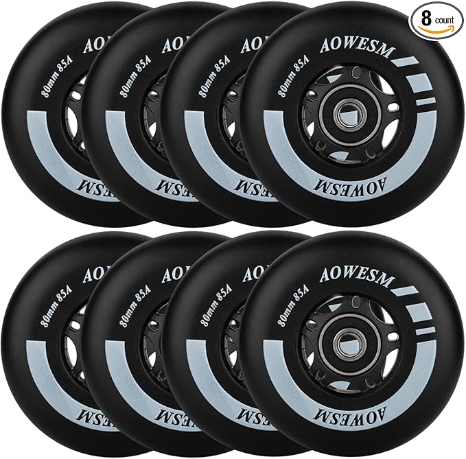 AOWESM Inline Skate Wheels 80mm 76mm 72mm 85a Outdoor Indoor Black Blue Red Roller Hockey Blades Replacement Wheels w/Bearings ABEC-9 and Floating Spacers (8-Pack)