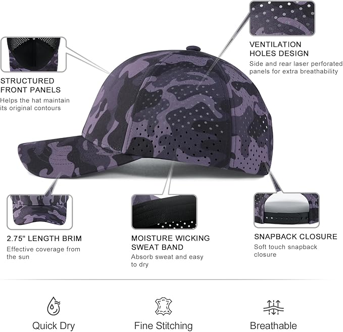 VOBOOM Men Quick Dry Baseball Cap Laser Cut Mesh Ball Curved Brim Snapback Hat