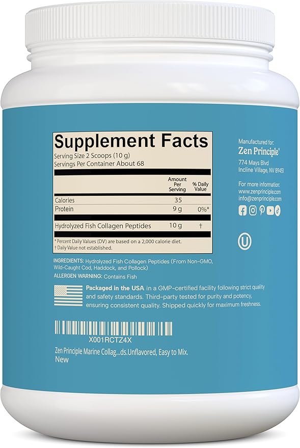 Zen Principle Marine Collagen Peptides Powder 1.5 lb. Wild-Caught Fish, Non-GMO. Supports Healthy Skin, Hair, Joints and Bones.Hydrolyzed Type 1 & 3 Protein. Amino Acids.Unflavored, Easy to Mix.