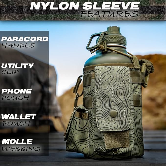 Iron Infidel Battle Bottle - Half Gallon Insulated Stainless Steel Water Jug with Handle - Gym Bottle for Men with Rugged Sleeve (Overland 2 Liter)