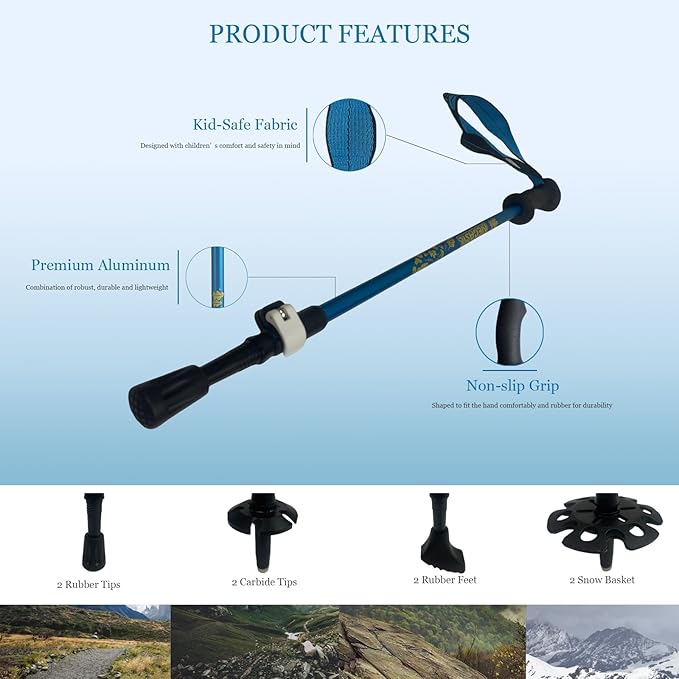 Kids Hiking Poles, 2PCS Todder Collapsible Trekking Poles for Hiking, Ski, Outdoor Activities, Todder Hiking Essentials for Boys and Girls, Blue, Pink Available