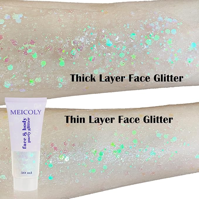 MEICOLY Clear White Body Glitter,Mardi Gras Face Glitter Makeup for Kids Women,Face Glitter for Running,Sparkly Chunky Hair Glitter,Singer Concert Festival Rave Accessories,Mermaid Glitter Face Paint