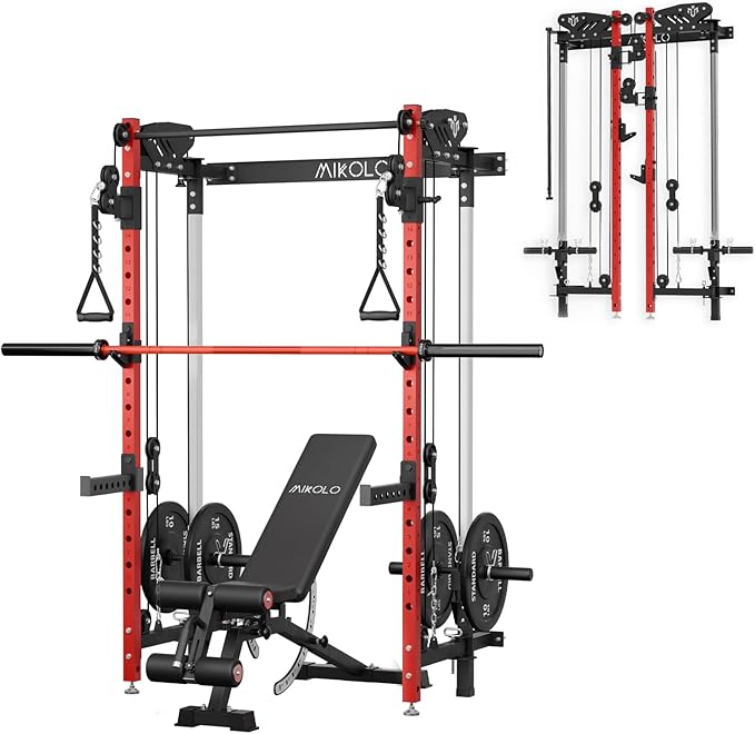 Mikolo Folding Squat Rack, Wall Mounted Power Rack with Cable Crossover Machine & LAT Pull Down, Functional Trainer with 5 Adjustable Function Modes, for Home Gym and Space Saving