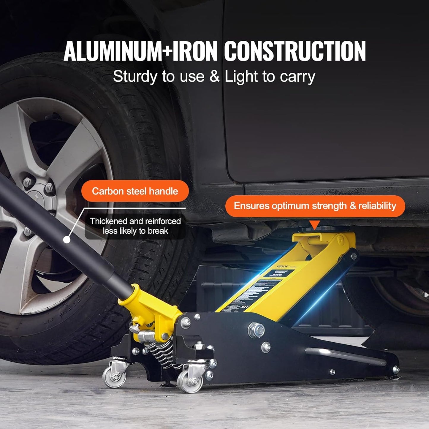 VEVOR Low Profile Floor Jack 2 Ton (4400 lbs), Heavy Duty Aluminum Hydraulic Racing Floor Jack, Hydraulic Car Jack, Dual Piston Quick Lift Pump, 3.2"-14.6" Height Lifting Range (Yellow)