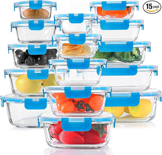 30 Pieces Glass Food Storage Containers, Meal Prep Set with Snap Locking Lids, Airtight lunch Containers, BPA-Free, Microwave, Oven, Freezer & Dishwasher Friendly,Blue