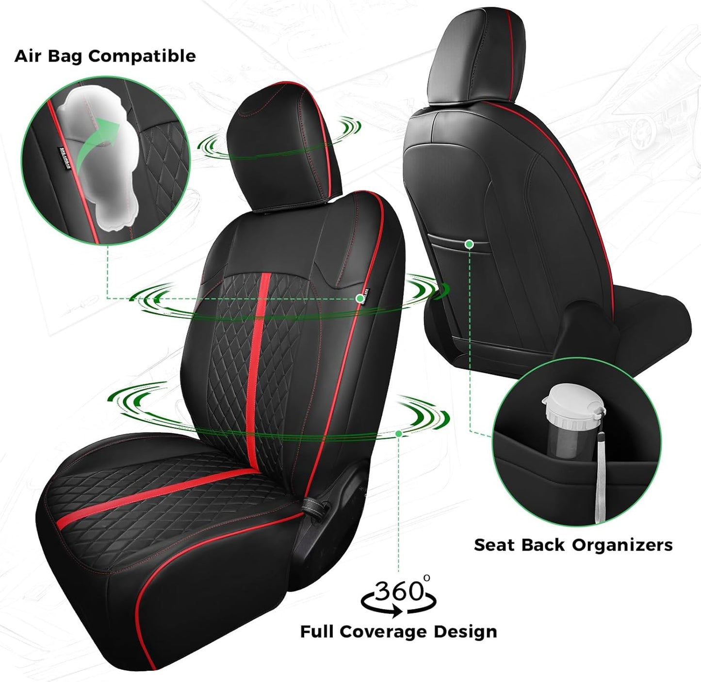 for Jeep Wrangler Seat Covers 4Door JL 2018 2019 2020 2021 2022 2023 2024 2025, Custom Car Seat Cover Full Set, Luxury Waterproof Leather Seat Protectors, Black Red Trim, With Rear Cup Holder