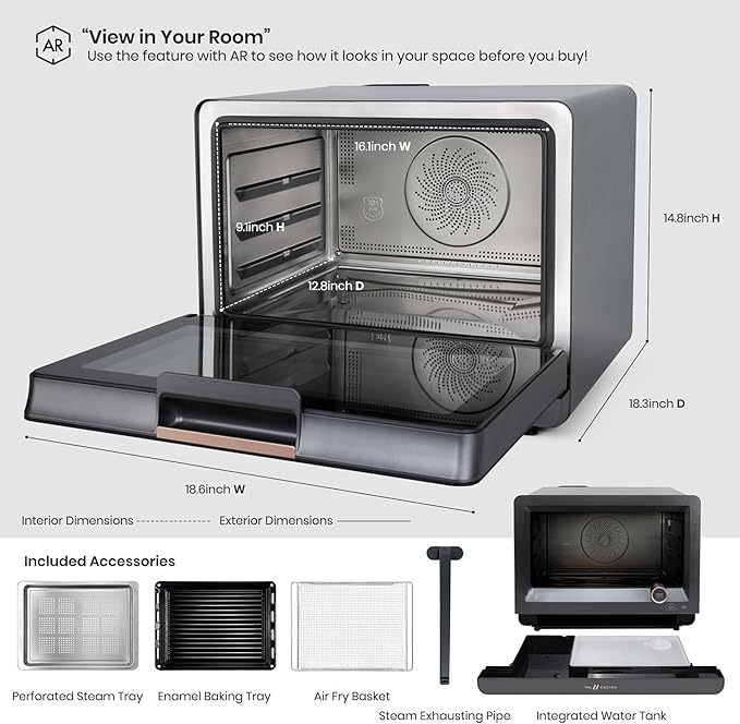 7-in-1 Steam Convection Oven Countertop with Air Fry, Bake, Sous Vide, Ferment, Built-in Recipes | Anti-Scalding, Self Clean, Food-grade Stainless Steel Cavity & Accessories | 1500W (Black)