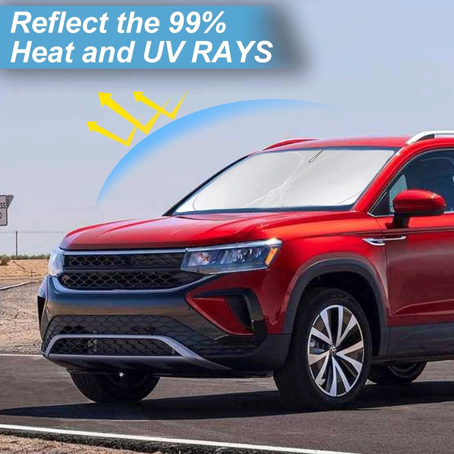 Custom Fit VW Taos Windshield Sunshade for VW Volkswagen Taos 2022 2023 2024 2025 2026 Accessories Front Window Shield 210T Silver Coating Cover for Volkswagen Windshield Sun Visor Protector Blocks UV