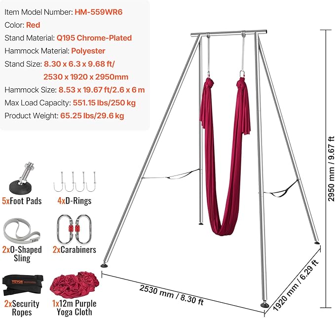 VEVOR Aerial Yoga Frame, 9.67 ft Height Swing Stand, Max 551.15 lbs Load Chrome-Plated Steel Pipe Inversion Yoga Rig for Indoor Outdoor Use