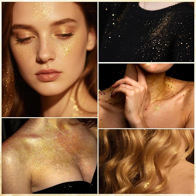 Holographic Body Glitter Spray - Shimmering Hair, Face & Body Sparkle for Festivals, Clothes, Nail Art Crafts Design & Special Events Makeup (Gold)