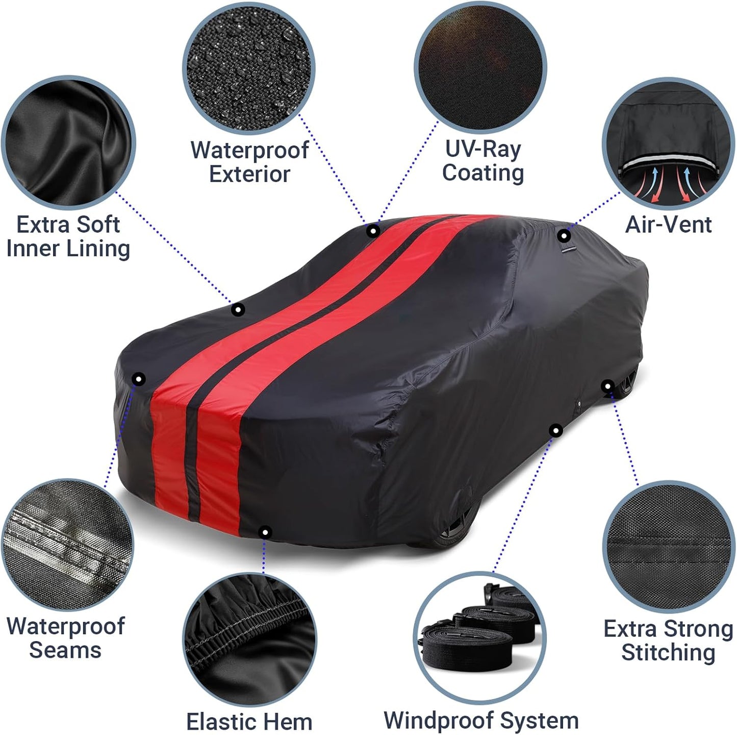 iCarCover Custom Car Cover for Buick Super (1940-1942) Waterproof All-Weather Rain Snow UV Sun Protector Full Exterior Indoor Outdoor Car Cover (Stripe - Black/Red)