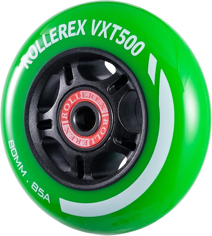 Rollerex VXT500 Inline Skate Wheels (8 Wheels w/Bearings, spacers and washers) (Various Size & Color Options Available) - for Indoor, Outdoor, Hockey - Intended for Roller Blade Wheel Replacement