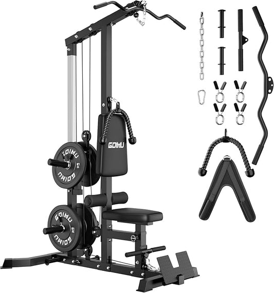 LS01 LAT Pulldown Machine, LAT Row Cable Machine with AB Crunch, LAT Tower with Cable Row Attachments, 3 in 1 Pulley Stations for Home Gym