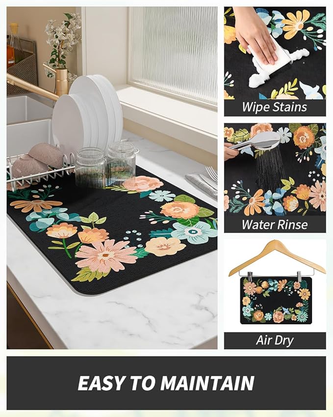 AMOAMI Coffee Mat Hide Stain Rubber Backed Absorbent Dish Drying Mat for Kitchen Counter - Fits Under Coffee Maker or Machine - Floral BLACK 17x31.5