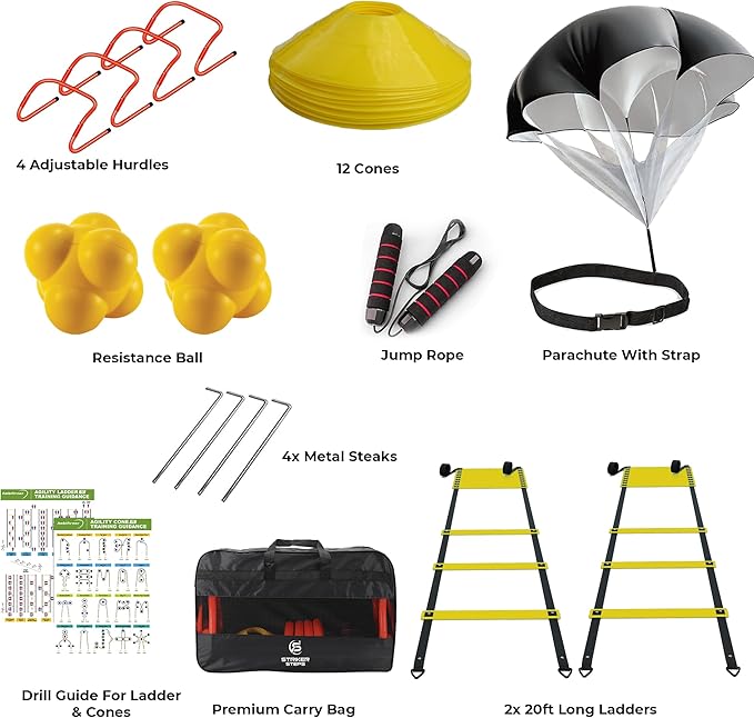 Agility Ladder Speed Training Equipment Set-2x 20ft Agility Ladder,12 Soccer Cones,4 Adjustable Hurdles, Jump Rope, Running Parachute| Basketball Football Soccer Training Equipment for Kids Adults