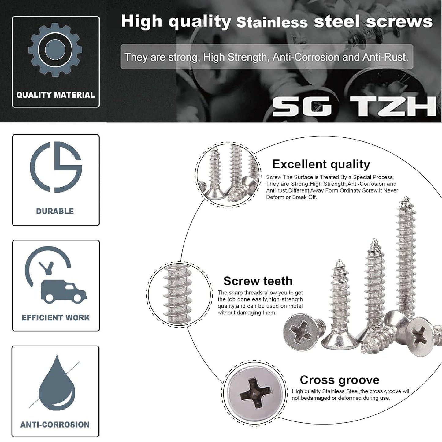 #7 x 1" Wood Screw 100Pcs 18-8 (304) Stainless Steel Screws Flat Head Phillips Fast Self Tapping Drywall Screws by SG TZH