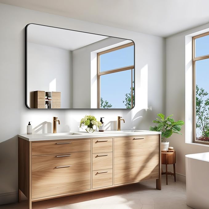 55x36 inch Bathroom Mirror,Black Rectangle Mirror,Wall Mounted Bathroom Frame Vanity Mirror with Round Corner for Bedroom Living Room, Entryway Hangs Horizontal or Vertical