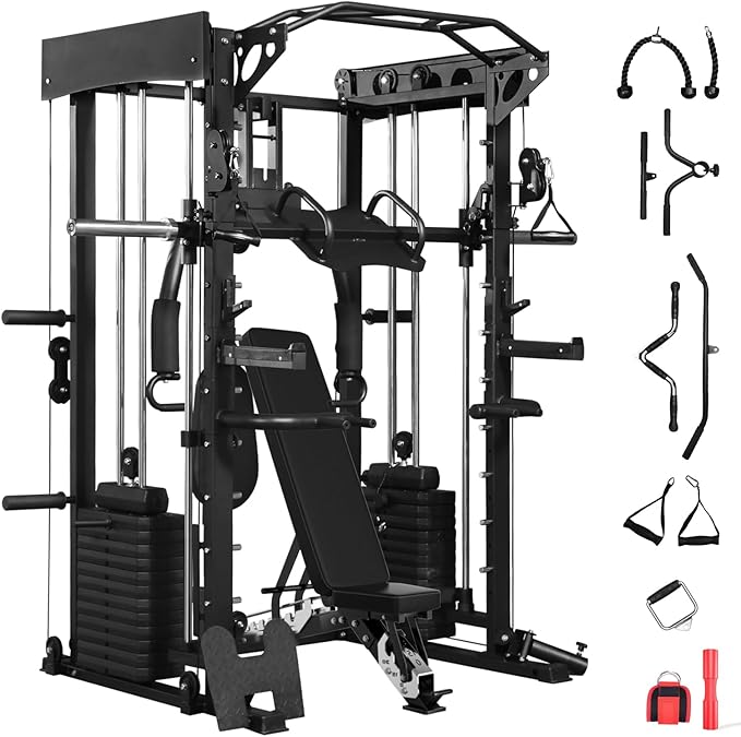 Smith Machine with Chest Fly & Leg Press, All-in-One Home Gym Power Cage with Weight Stack, Bench and Full Accessory Kit for Total Body Strength Training for Beginners