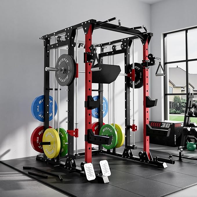 RitFit Smith Machine Power Cage with LAT Pulldown & Cable Crossover, All-in-One Power Rack Home Gym System with Leg Press Attachment & Accessories