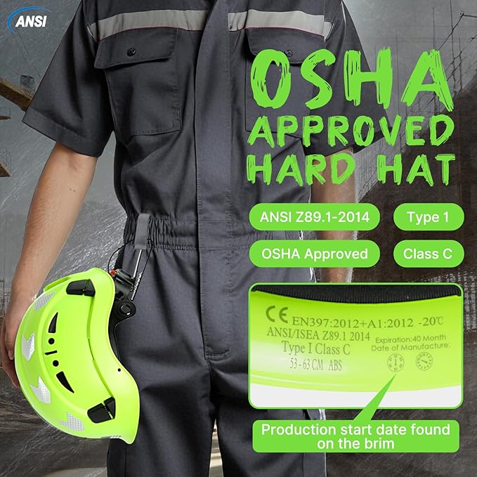 AOLAMEGS Construction Safety Hard Hat - ANSI Z89.1 Type Ι OSHA Approved Safety Helmets with Chin Straps Lightweight Reflective Vented ABS Hard Hats For Men Women Industrial Workwear 6-point Suspension