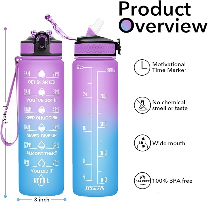 Hyeta 32 oz Water Bottles with Times to Drink and Straw, Motivational Water Bottle with Time Marker, Leakproof, Drinking Sports Water Bottle for Fitness, Gym and Outdoor