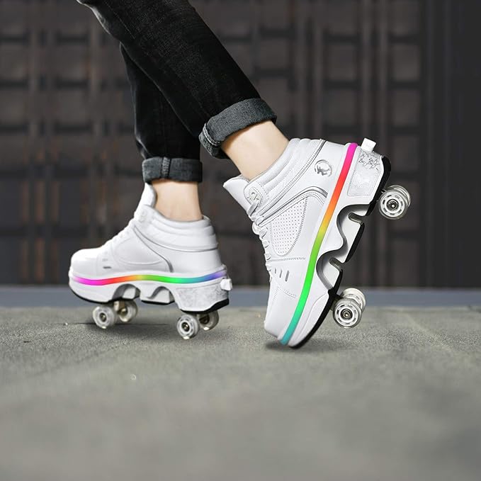 Roller Skate Shoes for Women Four Rounds Children's Roller Skates Shoes That Turn into Rollerskates Sneakers Outdoor Light Shoes with Wheels for Girls/Boys