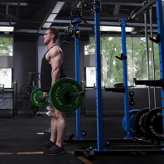 RitFit Multi-Function Squat Rack Power Cage PPC03 with Cable Crossover System, 1000LBS Capacity Power Rack and Packages with Optional Weight Bench, Barbell Weight Set, for Garage Workout & Home Gym