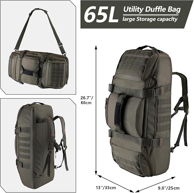 65L Large Duffle Bag, 3-in-1 Tactical Backpack MOLLE Pack for Sports, Gym, Outdoor, Olive Green