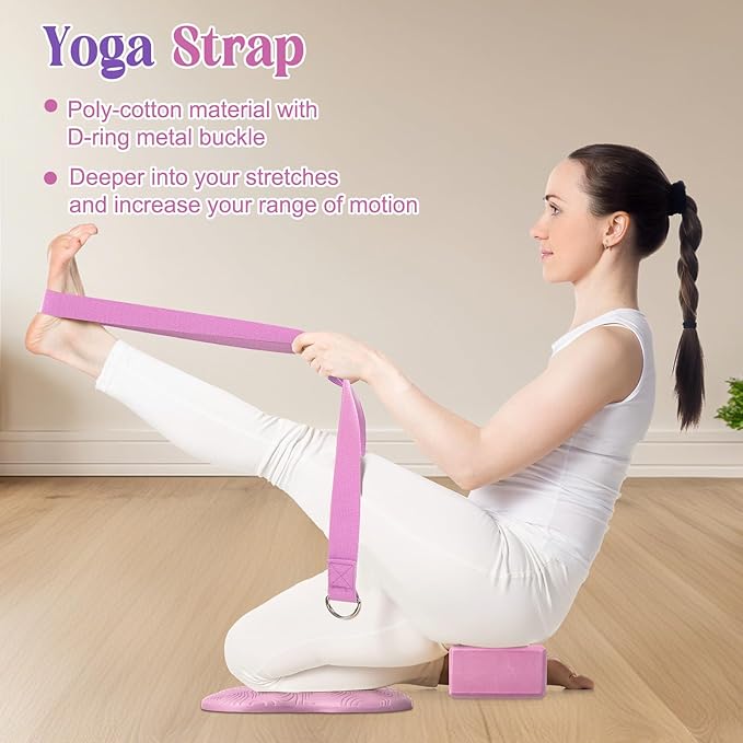 5 Pcs Yoga Blocks Knee Pads Yoga Strap Set Soft Premium Foam Blocks Accessories for Pilates Meditation General Fitness Stability, Kneeling, Balance, Deepen Stretches and Toning