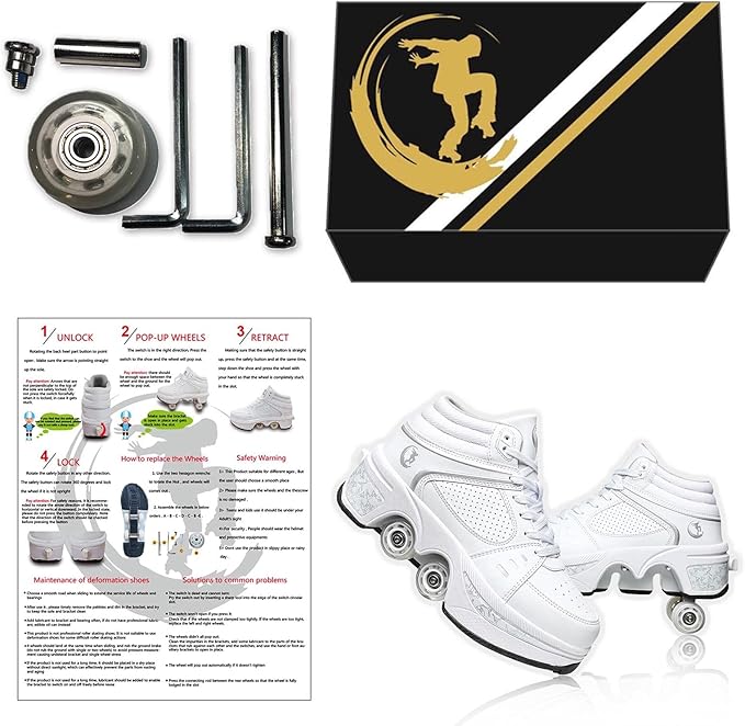 Roller Skate Shoes for Women Four Rounds Children's Roller Skates Shoes That Turn into Rollerskates Sneakers Outdoor Light Shoes with Wheels for Girls/Boys