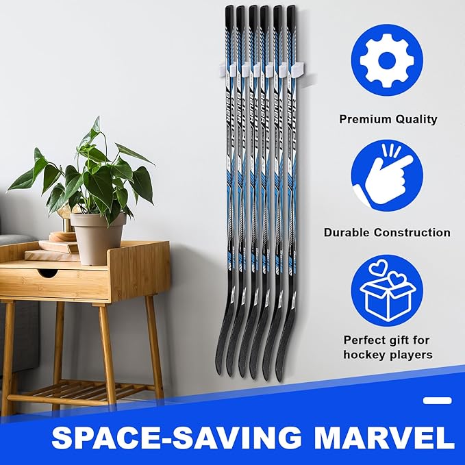 Yousoontic Hockey Stick Holder Wall Mount, 1-6 Stick Capacity, Ice and Field Hockey Organizer (Decor & Storage 2-in-1) for Home Garage Room Office Sports Decoration
