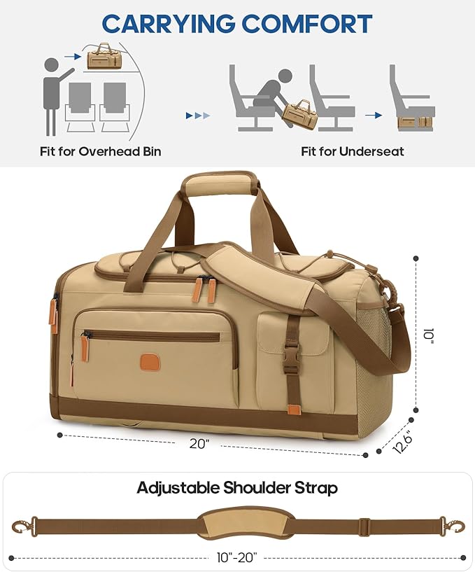 Gym Bag for Men and Women with Shoe & Laptop Compartment, 3-in-1 Sports Travel Duffel Bag Anti-Theft Weekender Carry-On Backpack for Airplane & Workout, Overnight Travel Bag,35L (Khaki, Medium)
