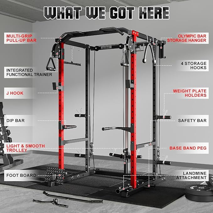 R1-V4 Power Cage Rack, 2000LB Squat Rack with Cable Crossover System, Multi-Function Weight Cage, Home Gym Workout Machine with More Training Attachments