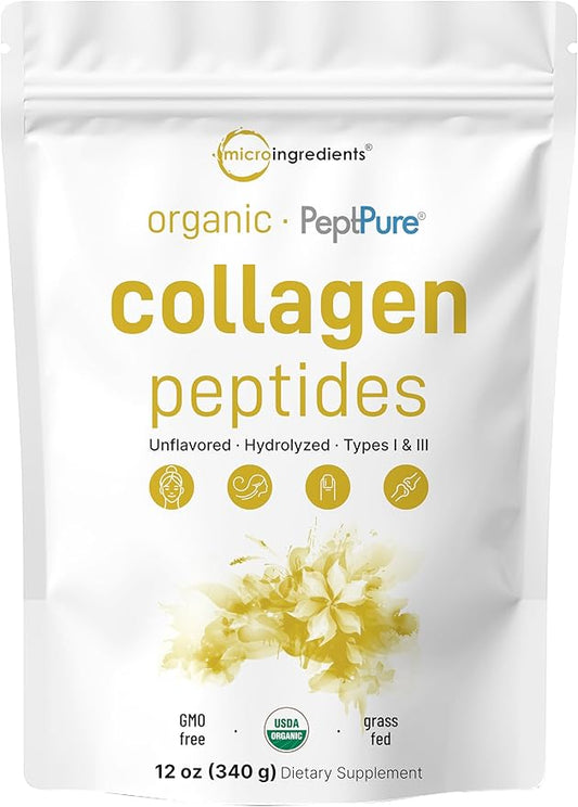 Micro Ingredients Collagen Peptides Powder Organic, 12oz | Type I & III + Natural Protein | Grass-Fed Bovine Source | Unflavored | Supports Skin, Joint & Bone Health | Paleo, Non-GMO
