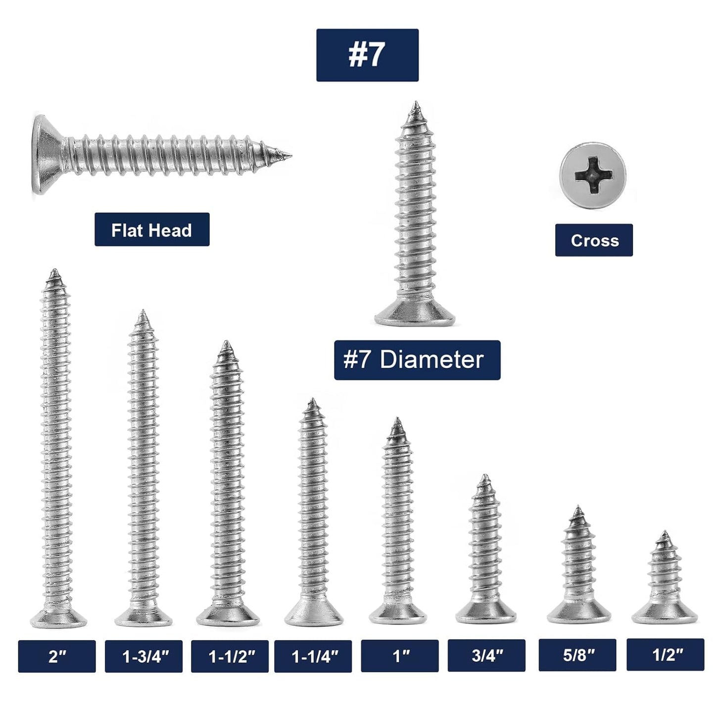 #7 x 2" Wood Screw 100Pcs 18-8 (304) Stainless Steel Screws Flat Head Phillips Fast Self Tapping Drywall Screws by SG TZH
