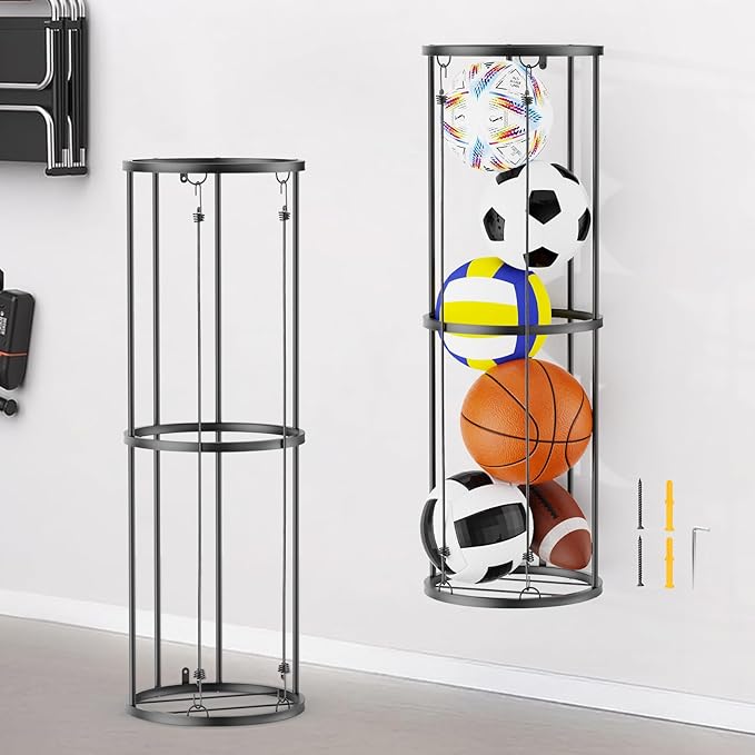 Garage Ball Storage Rack – Freestanding & Wall Mounted Sports Organizer with Elastic Cords Holds 7 Balls – Space Saving Basketball Soccer Football Holder for Home Kids Room