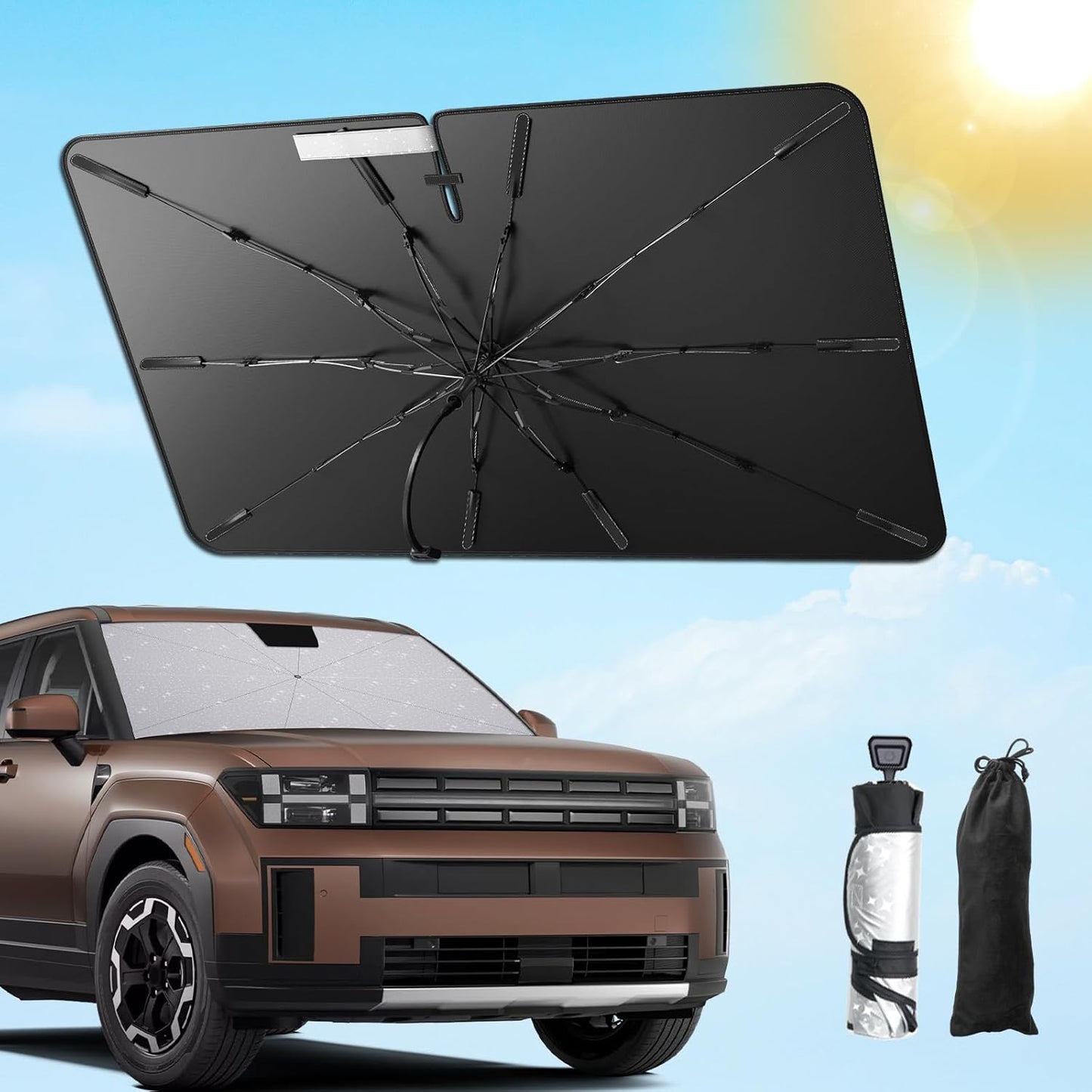 SXCY for 2024 2025 Hyundai Santa Fe Windshield Umbrella Sunshade [Easier Foldable] 2024 2025 Santa Fe Accessories Sunshade Umbrella for 2024 2025 Santa Fe Windshield Umbrella Sun Shade