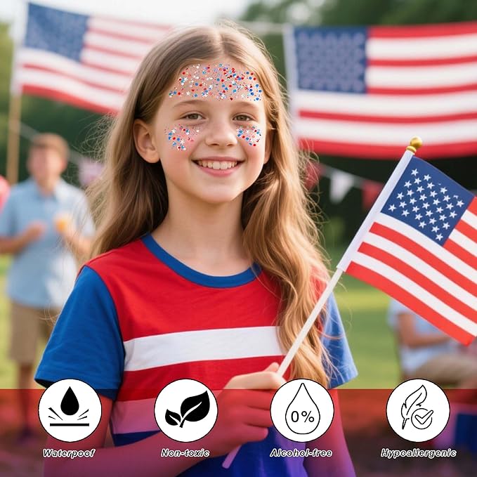 Red White Blue Hair Glitter Stick for Kids,Patriotic Face Body Glitter,4th of July Accessories,Fourth of July Outfits for Women,Patriotic Day Waterproof Chunky Glitter Makeup