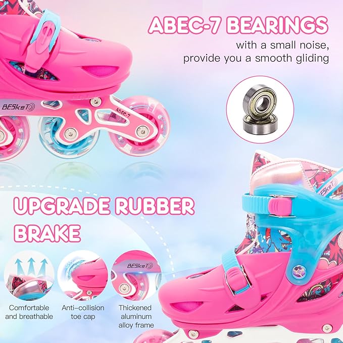 Pink Graffiti Light up Inline Skates for Girls, 4 Size Adjustable Roller Shoes with Full Illuminating Wheels for Kids, Blades Roller Skates for Beginner Teens Youth & Adult Women