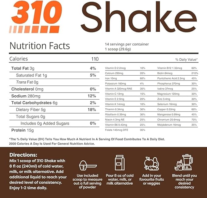 310 Nutrition All-In-One Meal Replacement Shake Powder - Plant-Based Protein Smoothie Blend w/High Fiber, Probiotics & Adaptogens - Low Carb, Vegan, Keto & Paleo Friendly - Chocolate Bliss - 14 Srv