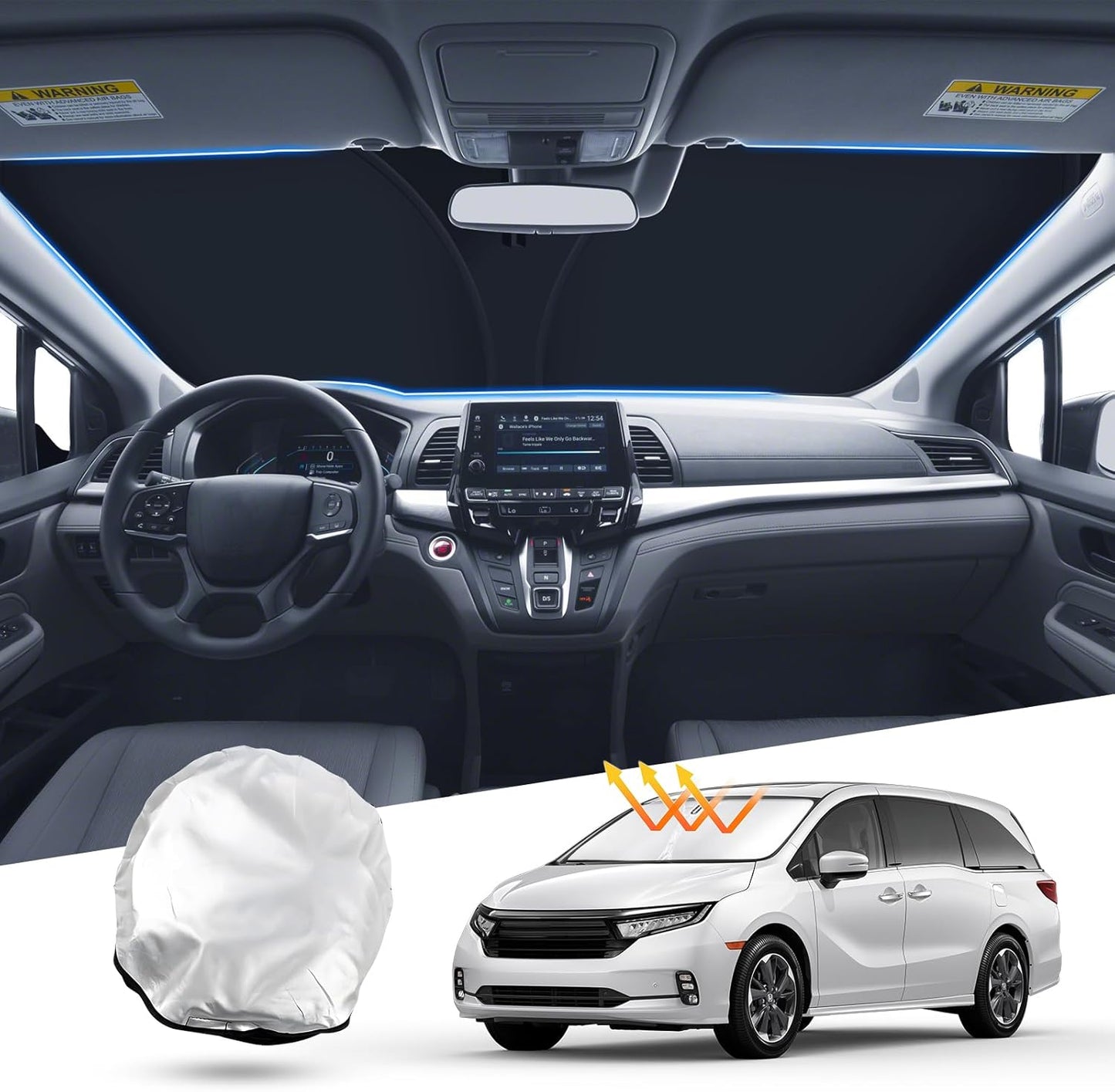 T TGBROS Windshield Sun Shade Custom Fit for 2018-2023 2024 2025 Honda Odyssey LX,EX,EX-L,Touring,Elite Minivan Accessories Foldable Sun Shield Reflective Polyester Sun Visor Cover Block Heat
