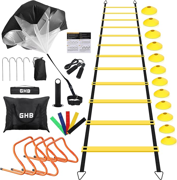 GHB Agility Ladder,Football Training Equipment Set,4 Agility Hurdles, 20 feet12 Rungs Speed Ladder,12 Disc Cones,Resistance Parachute, Jump Rope, 5 Resistance Bands
