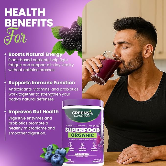 Greens+ Organic Wild Berry Superfood Powder, Antioxidant Polyphenol, Blend for Morning Kick, Energy, Vitality Boost, Nutrition, Vibrant Health, Dietary Supplement, Vegan Soy/Dairy/Gluten Free(8.46oz)