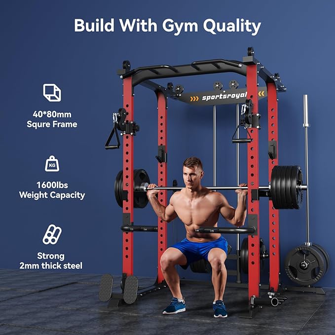 Sportsroyals Power Cage,1600lbs Multi-Function Power Rack with Adjustable Cable Crossover System and More Training Attachment, Weight Cage for Home Gym
