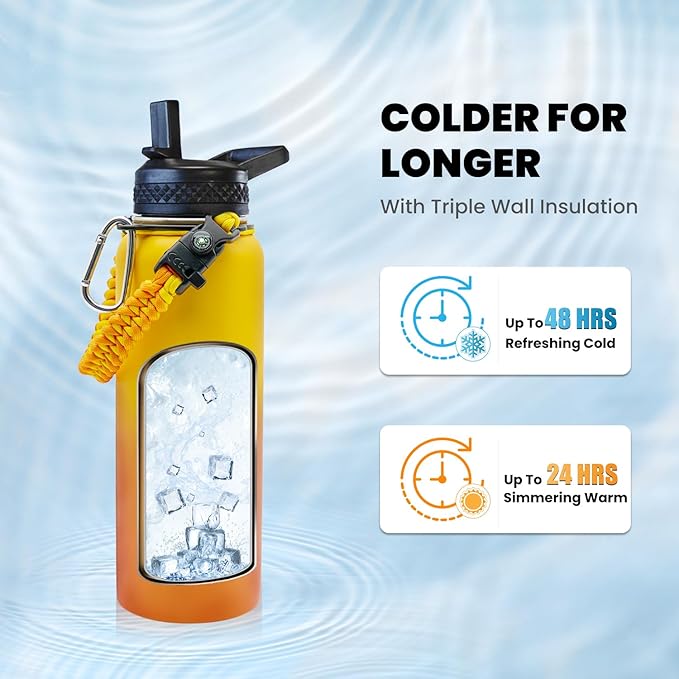 Insulated Water Bottle 40 oz, Triple Wall Vacuum Stainless Steel (Cold for 48 Hrs), Leak Proof & Non-BPA, Modern Water Flask Jug with Paracord Handle & Straw Spout Lids, Ombre Orange